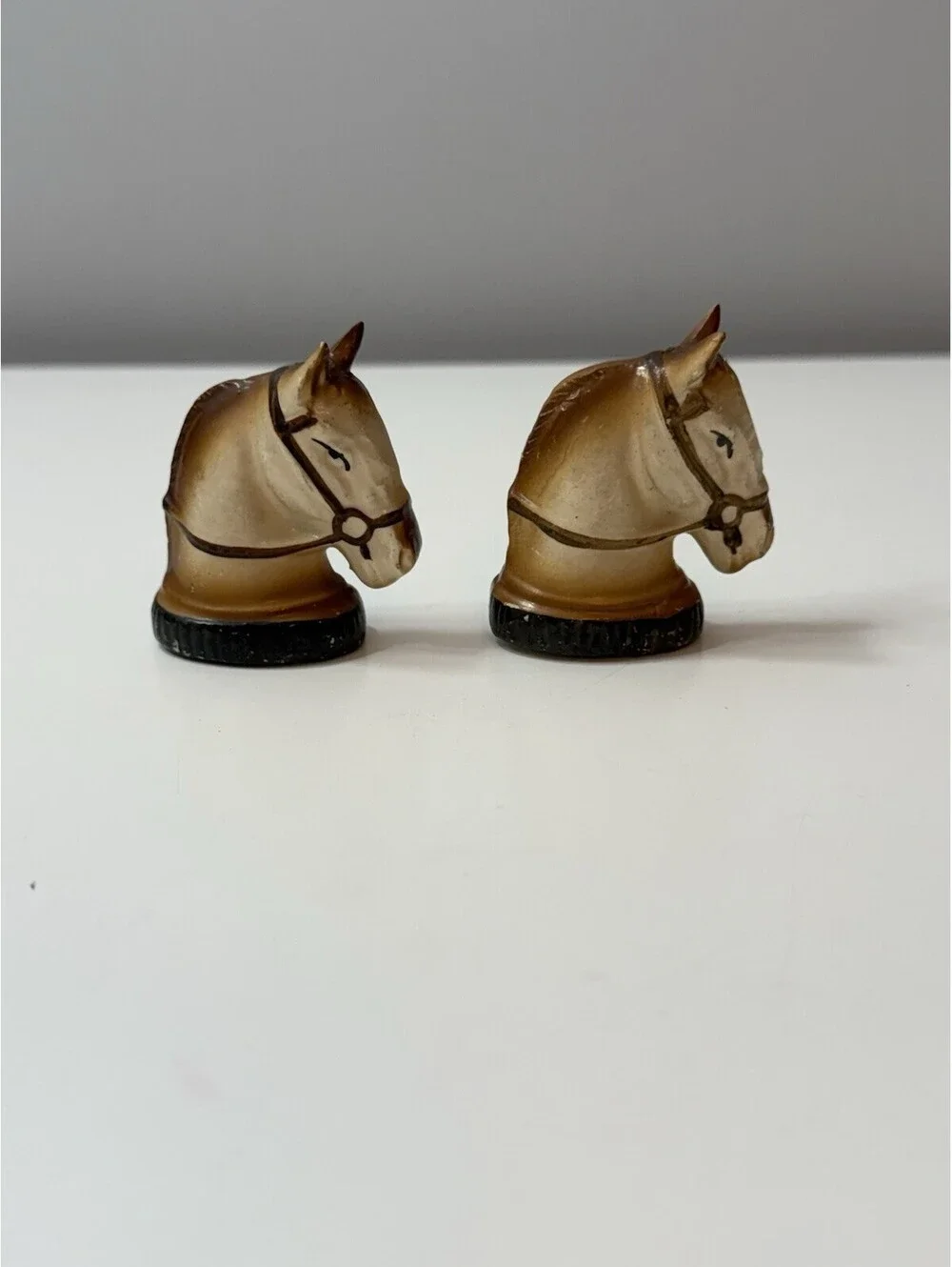1950’s Ceramic Horse Head Salt & Pepper Shakers Tawny Brown w/Dark Brown Bridle
